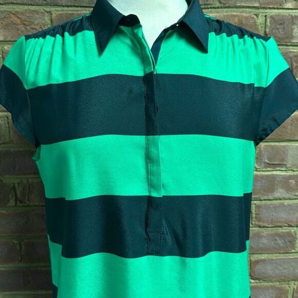 Ann Taylor Loft Women’s Green & Navy Stripe Collared Blouse Size Large - Picture 2 of 6